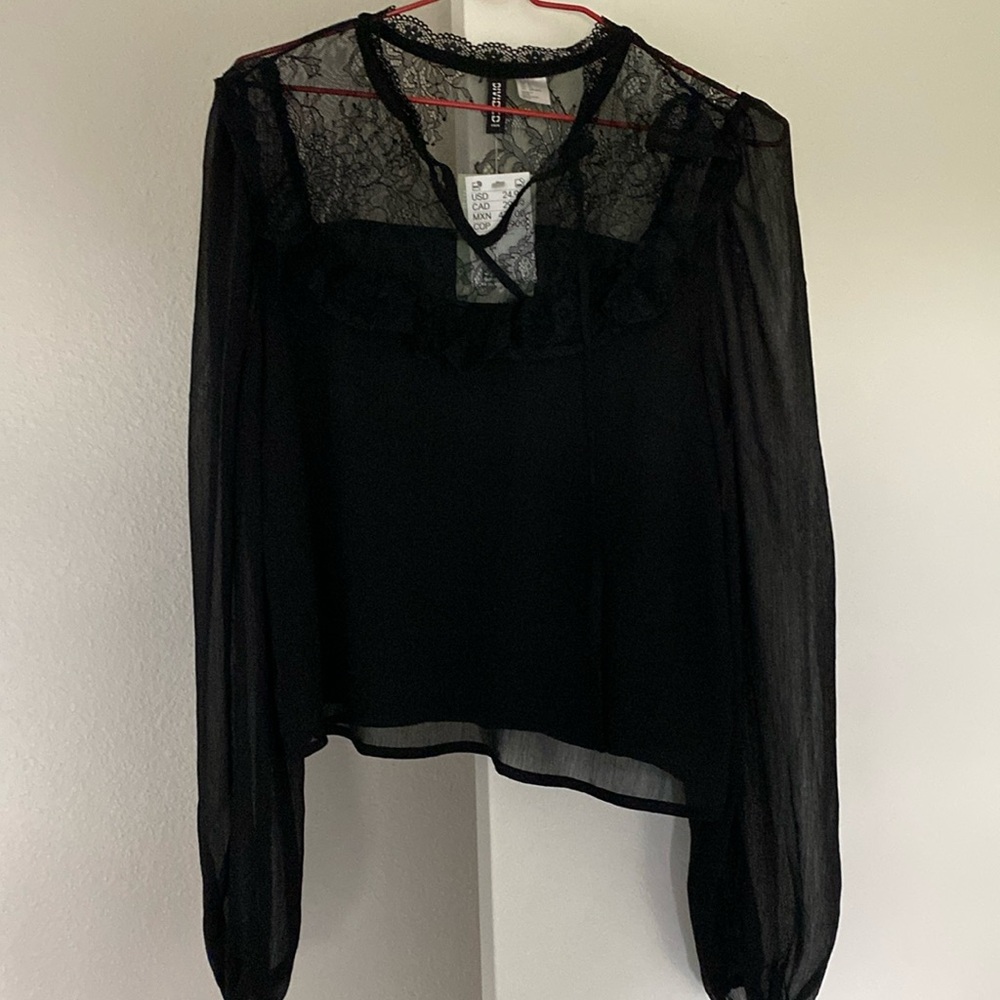 NWT Black Long Sheer Lacy Blouse